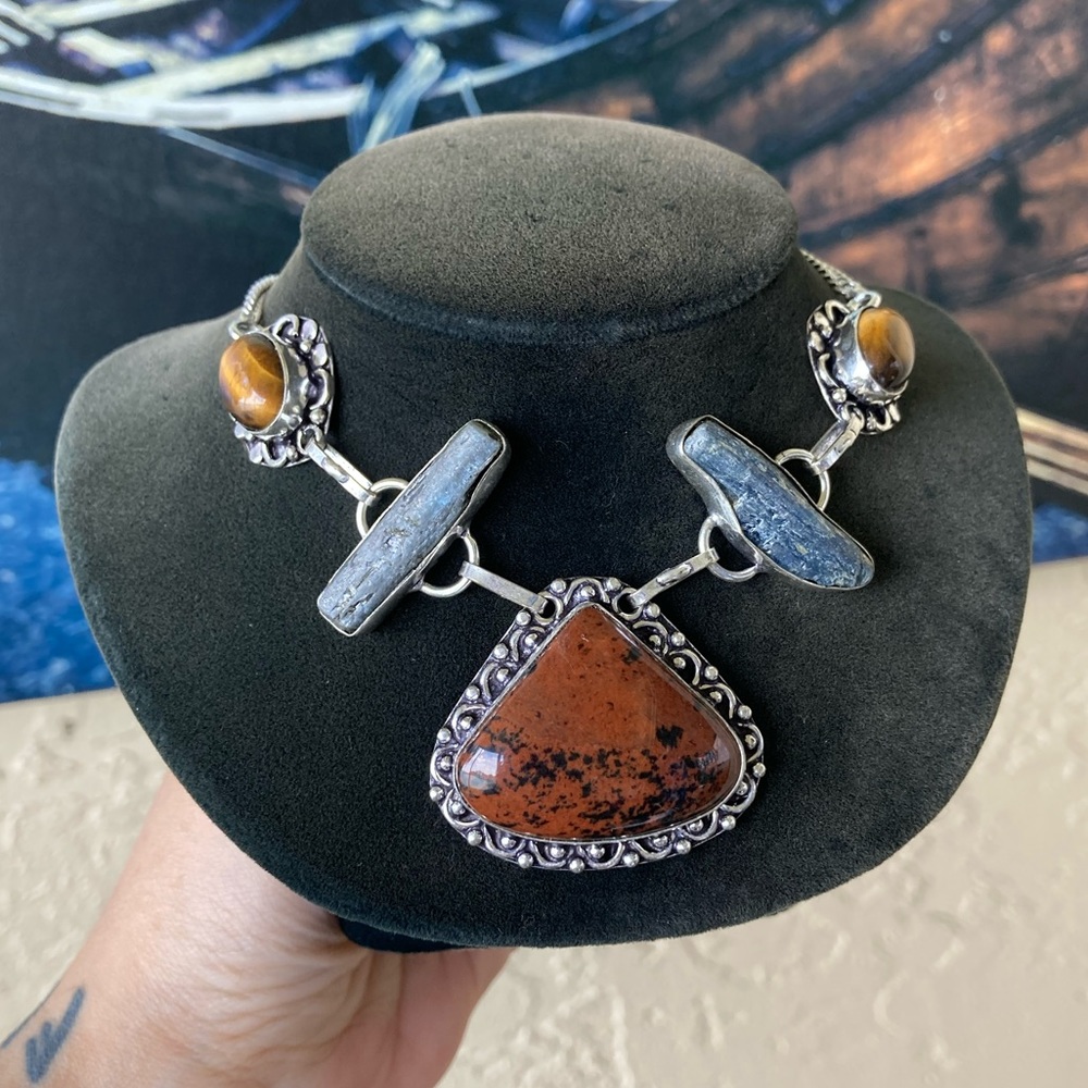 925 sterling silver overlay red jasper tiger eye kyanite gemstone boho necklace - Picture 12 of 16